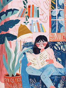 一个女孩在家里看书粉彩插画