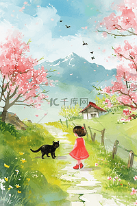 游玩春天孩子宠物樱花树手绘海报原创插画