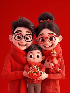 新年一家人红色拜年手绘3d插画