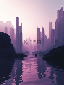 紫色高楼大厦现代化城市插画6