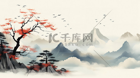 中国山水画唯美意境插画海报