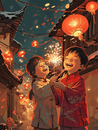 红色中国春节孩童夜晚放烟花的插画16