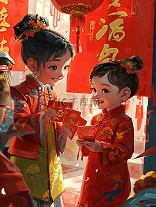红色中国过年穿古装的孩童有红包的插画8