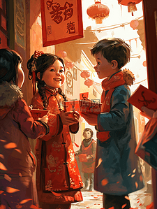 红色中国过年穿古装的孩童有红包的插画9