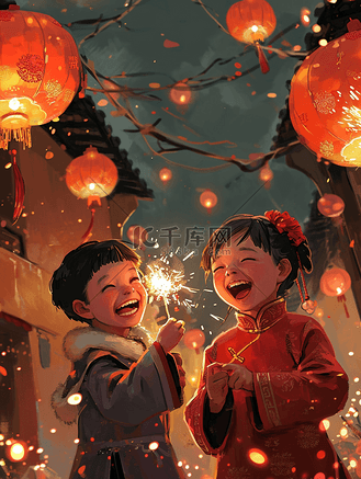 放烟花的快乐儿童个人vip和企业vip免费下载插画红色中国春节女孩看