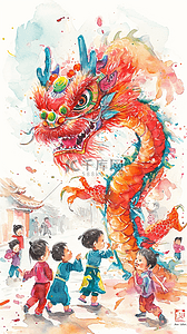 舞龙插画图片_新年庆祝舞龙龙年水彩手绘插画