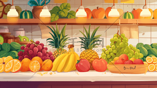 数字艺术西瓜插画图片_手绘水果店各式各样水果场景插画1