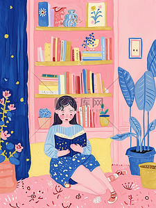 在家看房插画图片_一个女孩在家里看书粉彩插画