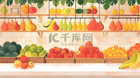 水果店喜庆海报插画图片_手绘水果店各式各样水果场景插画45