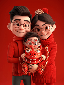 一家人新年拜年红色手绘3d插画