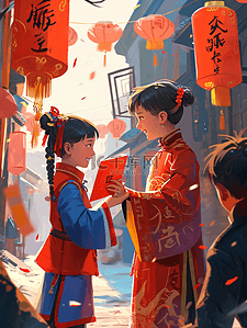拆开红包插画图片_红色中国过年穿古装的孩童有红包的插画16