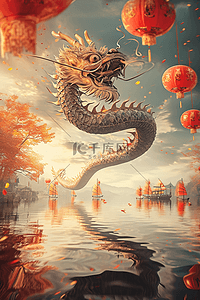 喜庆新年海报背景插画图片_龙灯笼喜庆手绘新年海报原创插画