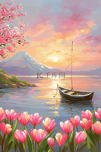 春天郁金香夕阳湖泊手绘插画海报