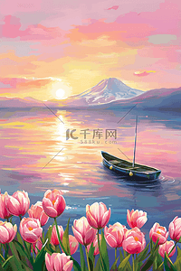 夕阳落下插画图片_夕阳春天郁金香湖泊手绘插画海报