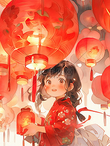红色灯笼矢量插画图片_春节可爱的女孩和灯笼矢量插画