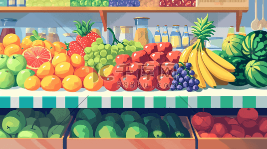 数字艺术西瓜插画图片_手绘水果店各式各样水果场景插画11
