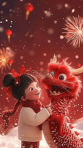 设计上的中国插画图片_烟花新年龙孩子手绘3d海报插画设计