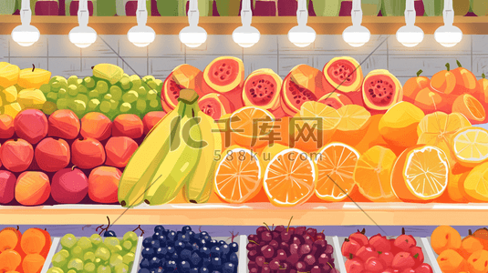 数字艺术西瓜插画图片_手绘水果店各式各样水果场景插画14