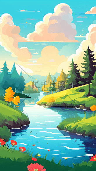 春季的小河流树木插画景色