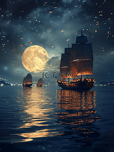 船舶插画图片_中秋满月船舶在海上