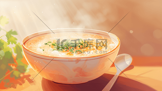热气手绘插画图片_手绘餐桌上热气腾腾白米粥的插画16