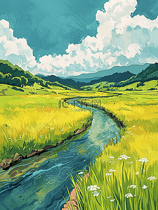 蓝天白云下绿色平原河流的插画78