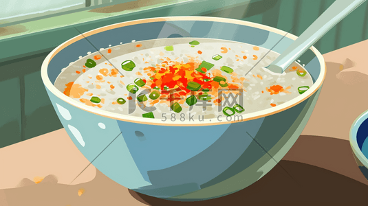 北斗勺子插画图片_手绘餐桌上热气腾腾白米粥的插画3