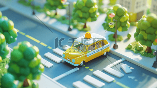 黄色出租车插画图片_卡通立体城市建设公路上出租车的插画2