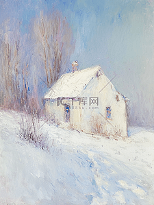 白色冬季浪漫雪景雪地野外小屋的插画9