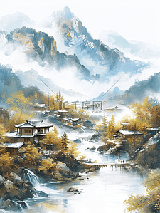 果树自然风景插画图片_自然风景山水美景古风中国风