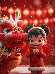 新年喜庆狮子插画图片_新年女孩狮子立体插画雪天海报