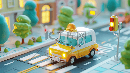 黄色出租车插画图片_卡通立体城市建设公路上出租车的插画13