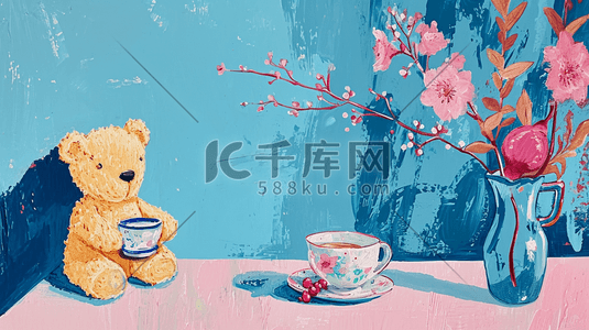 蓝色小熊插画图片_手绘彩色墙边小熊的插画2