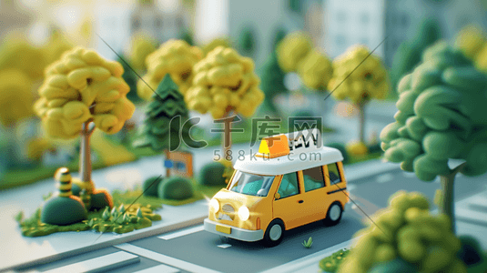 黄色出租车插画图片_卡通立体城市建设公路上出租车的插画56