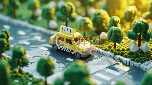 黄色出租车插画图片_卡通立体城市建设公路上出租车的插画4