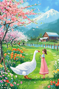 天空和草地插画图片_童话白鹅女孩春天唯美插画海报