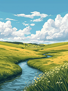 绿色小花草地插画图片_蓝天白云下清新绿色草地河流的插画10