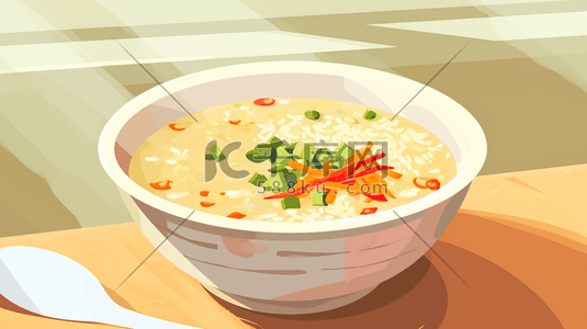 手绘餐桌上热气腾腾白米粥的插画7