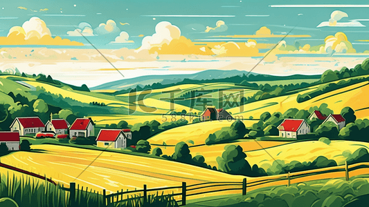 乡村的插画图片_一幅丘陵乡村的卡通风景画素材