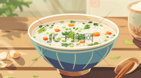 手绘餐桌上热气腾腾白米粥的插画8