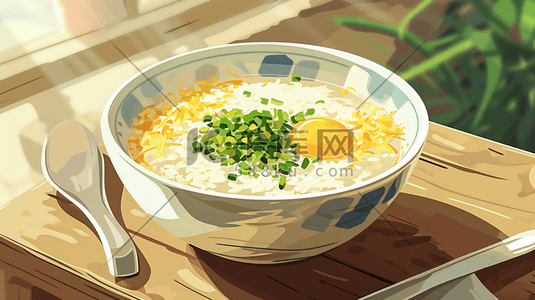 手绘餐桌上热气腾腾白米粥的插画5