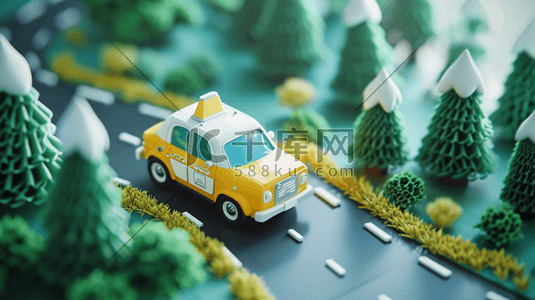 黄色出租车插画图片_卡通立体城市建设公路上出租车的插画15