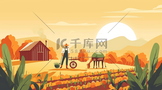 春秋季节农民工人田地耕种收获的插画13