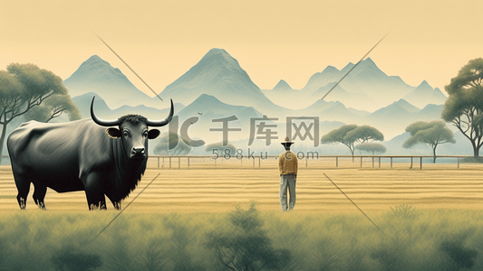 农田牛插画图片_一位农民在田间与水牛为伴简约插画