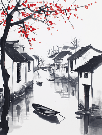 黑白色国画江南水乡建筑的插画7