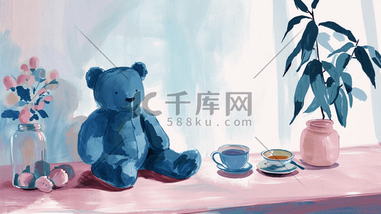 蓝色小熊插画图片_手绘彩色墙边小熊的插画4