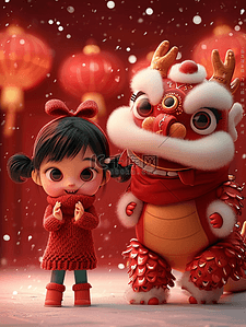红色新年立体背景插画图片_女孩狮子雪天新年立体插画海报