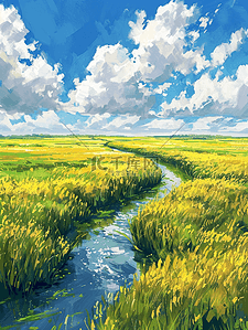 蓝天白云下清新绿色草地河流的插画2