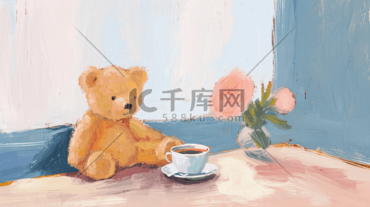 小杯子插画图片_手绘彩色墙边小熊的插画78