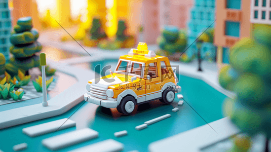出租车黄色插画图片_卡通立体城市建设公路上出租车的插画17